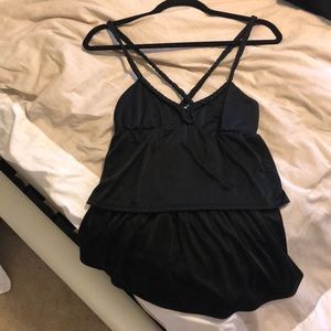 Shimmery layered cris cross back tank top